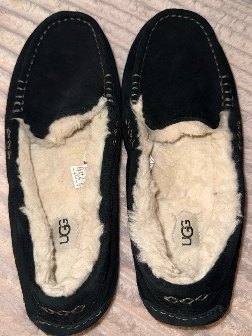 UGG Black Suede Moccasin Slippers with Cream Shearling